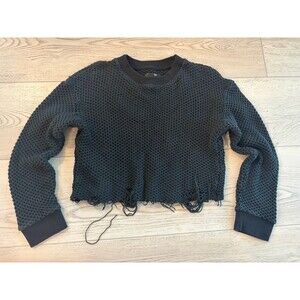 RTA brand Women’s Black Knit Crochet Crop Top Raw Long sleeve Size Small